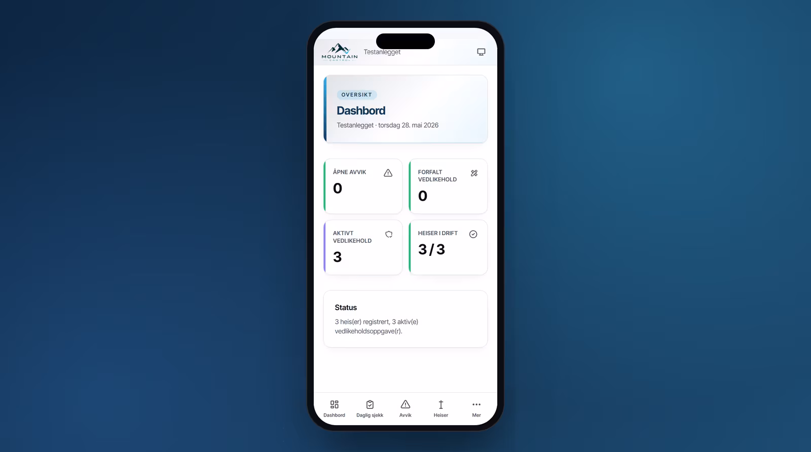 MountainControl-appen på mobil – dashbord med avvik, vedlikehold og heiser i drift